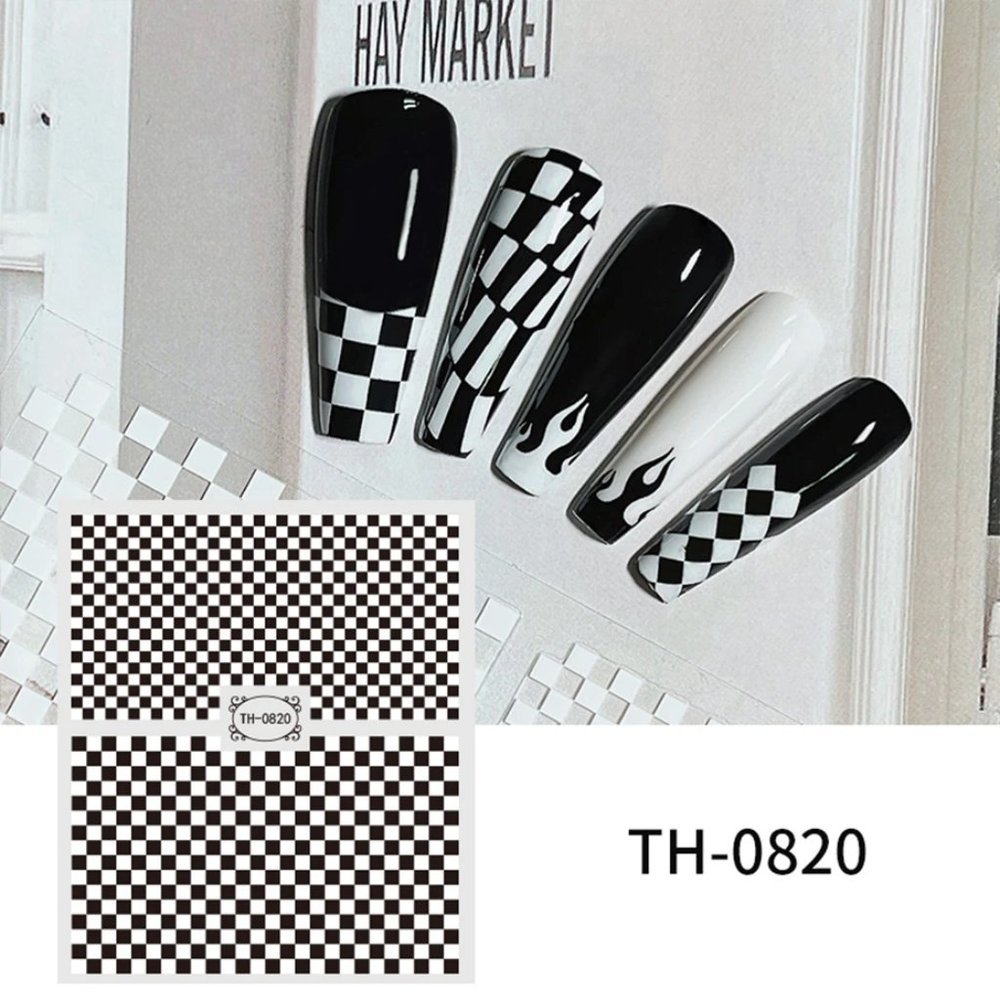CHECKERBOARD – Black & White Self‑Adhesive 3D Nail Art Sticker Decals Manicure